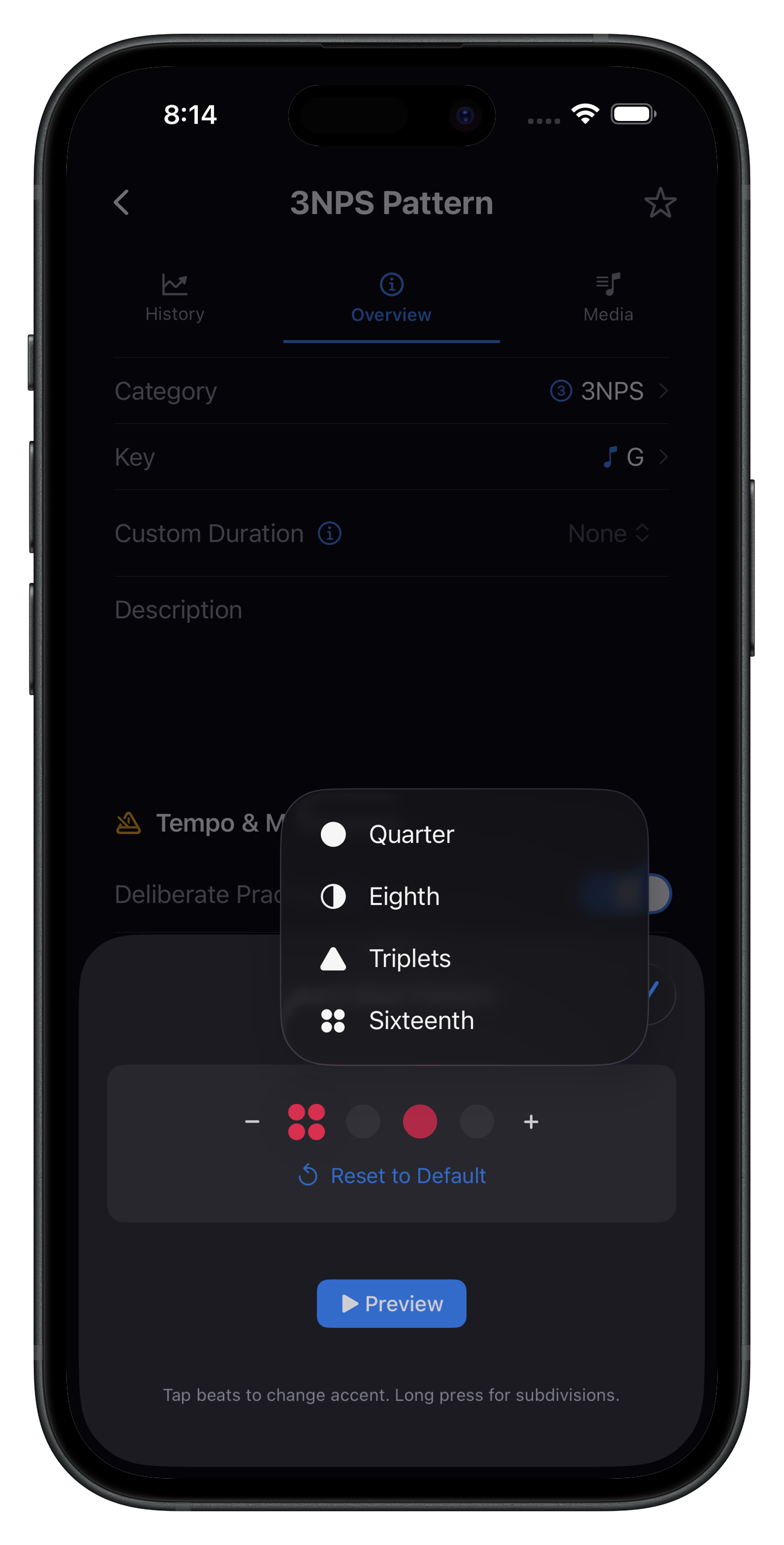 Beat pattern settings with subdivision options