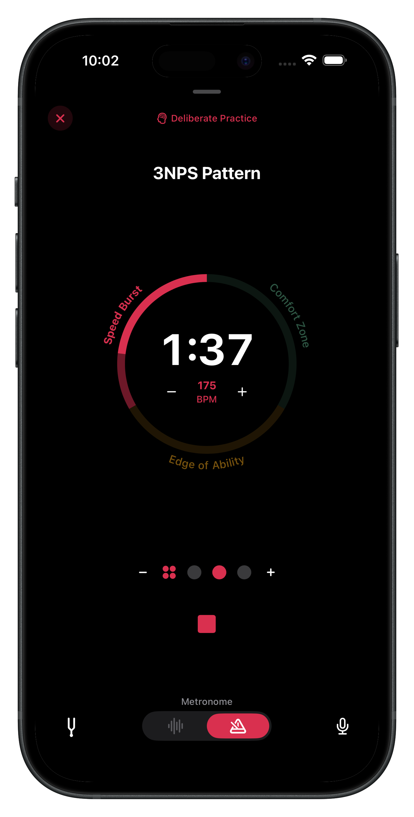 Repétude Deliberate Practice Mode showing Speed Burst with sixteenth subdivisions