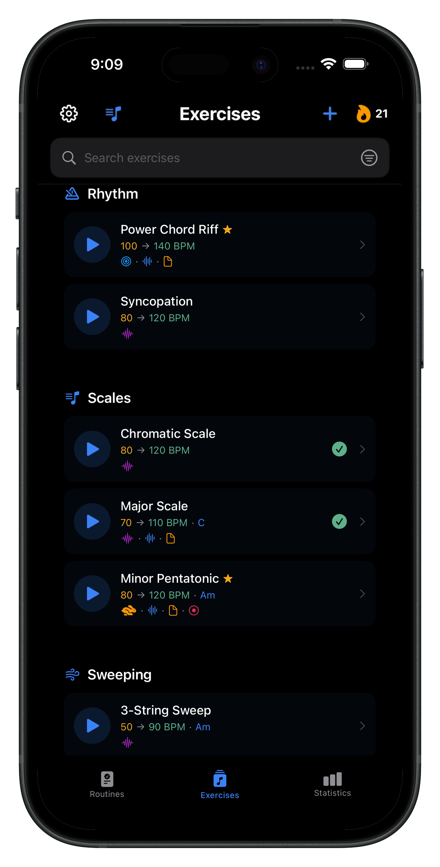 Repétude app showing guitar practice routine exercise library