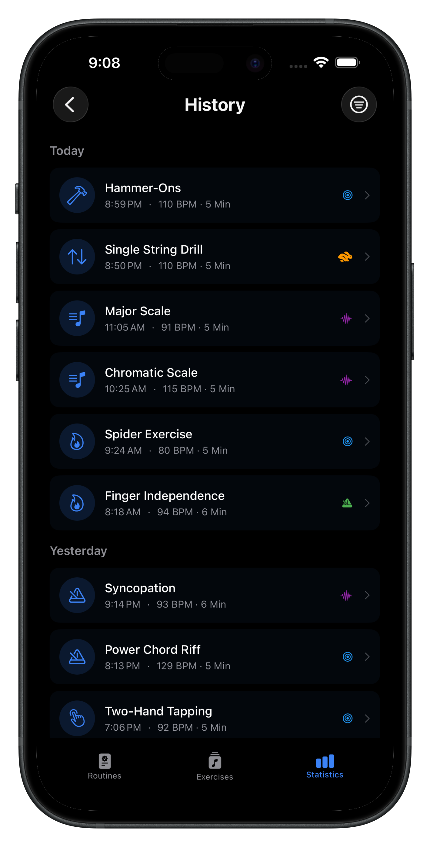 Repétude app practice history showing past sessions