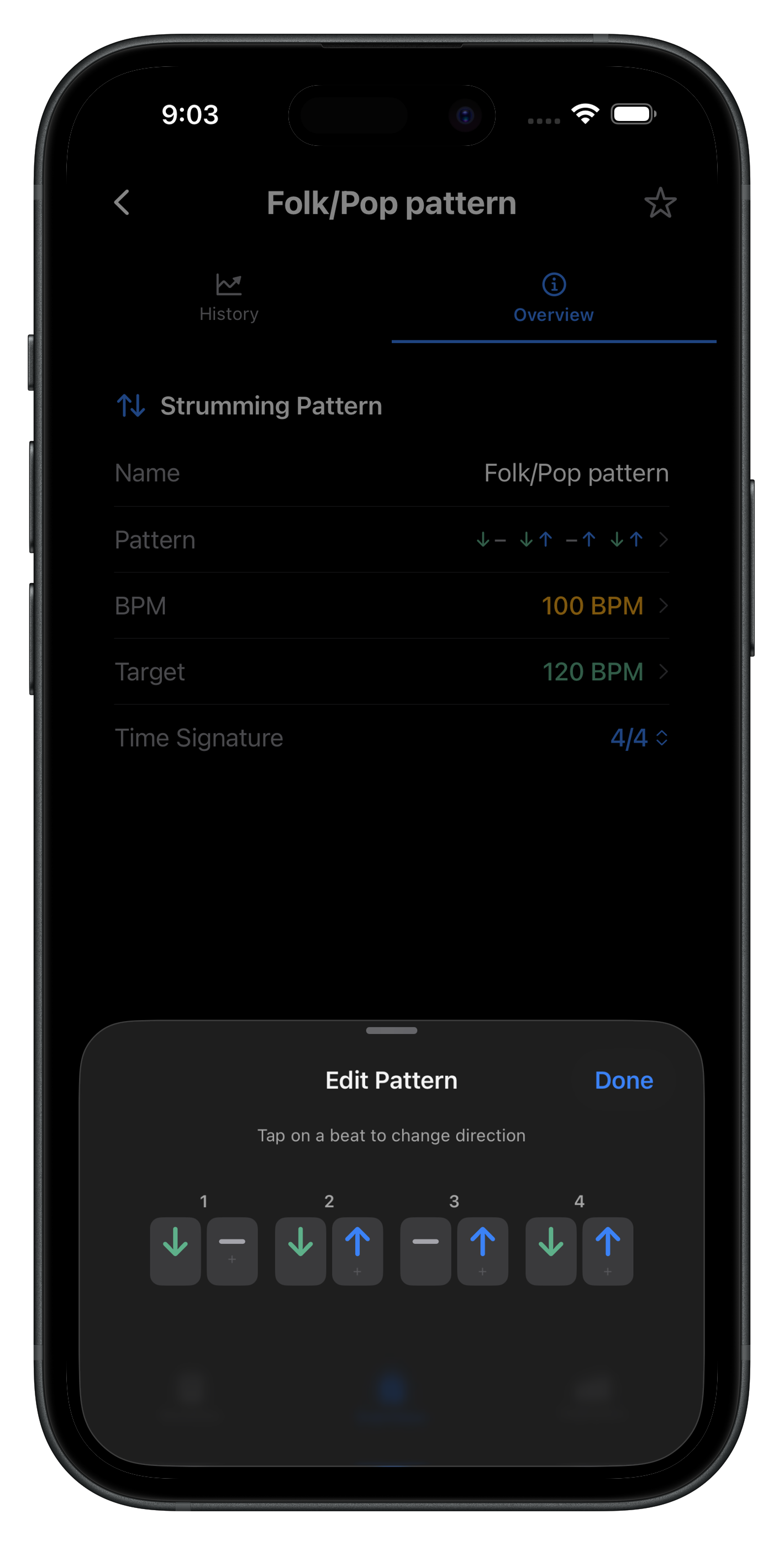 Pattern editor showing tap-to-edit interface
